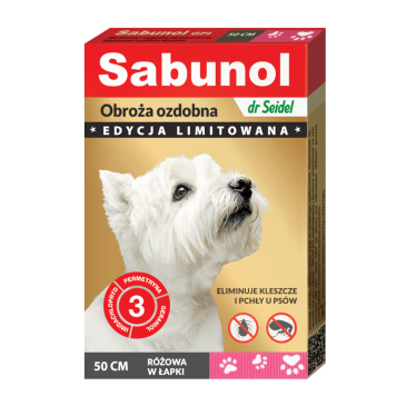 SABUNOL GPI obroża ozdobna różowa w łapki przeciw kleszczom i pchłom dla psów 50 cm