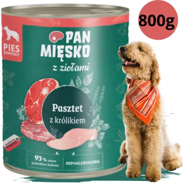 MOKRA KARMA DLA PSA PAN MIESKO PASZTET ZIOŁA I KRÓLIK HIPOALERGICZNA 800 G