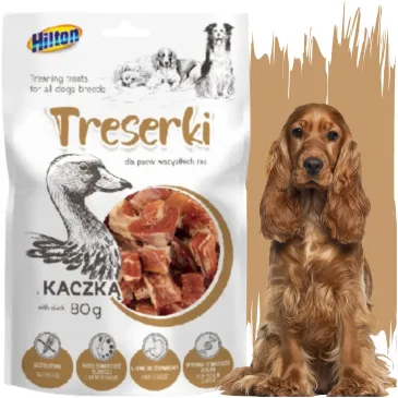 TRESERKI DLA PSA Z KACZKĄ 80G SMACZKI HILTON MIĘSNE PRZYSMAKI DLA PSÓW