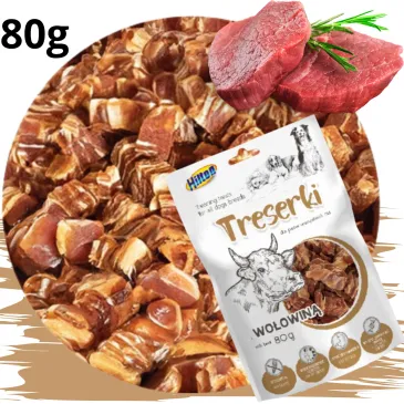 TRESERKI DLA PSA Z WOŁOWINĄ 80G SMACZKI HILTON MIĘSNE PRZYSMAKI DLA PSÓW