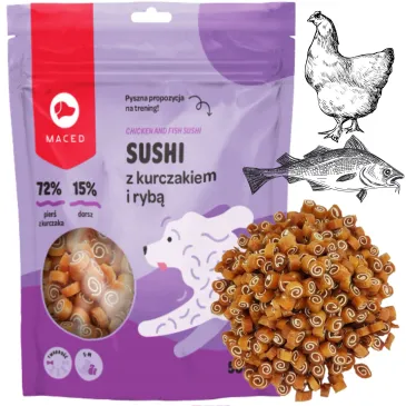 PRZYSMAKI DLA PSA MACED SUSHI KURCZAK I RYBA 500G TRESERKI SMKOŁYKI MIĘKKIE