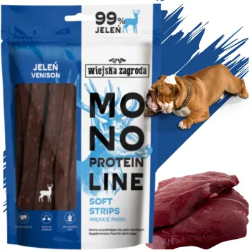 Przysmaki dla psa Monoproteinowe miękkie paski Jeleń 100g Wiejska Zagroda
