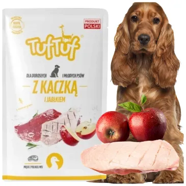 MOKRA KARMA DLA PSA TUF TUF SASZETKA MIELONKA KACZKA Z JABLKIEM 300G