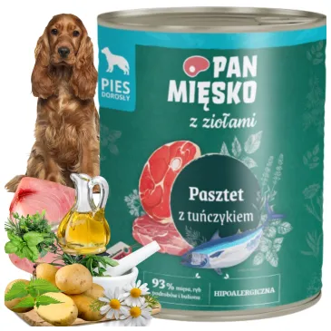 MOKRA KARMA DLA PSA PAN MIĘSKO PASZTET ZIOŁA I TUŃCZYK HIPOALERGICZNA 400 G
