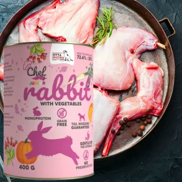 MOKRA KARMA DLA PSA CHEF KRÓLIK Z WARZYWAMI KARMY DLA SZCZENIĄT JUNIOR 400G