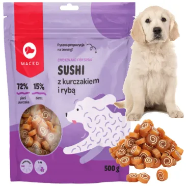 PRZYSMAKI DLA PSA MACED SUSHI KURCZAK I RYBA 500G TRESERKI SMKOŁYKI MIĘKKIE