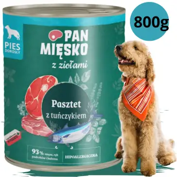 MOKRA KARMA DLA PSA PAN MIĘSKO PASZTET ZIOŁA I TUŃCZYK HIPOALERGICZNA 800 G